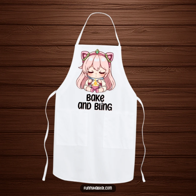 Funny apron showing a character with focused, peaceful concentration meticulously crafting delicate jewelry, perfect for studio work.