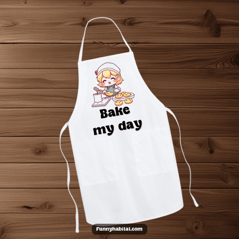 Funny apron showing a character happily baking cookies, with a tray of yummy treats nearby, ready to serve.