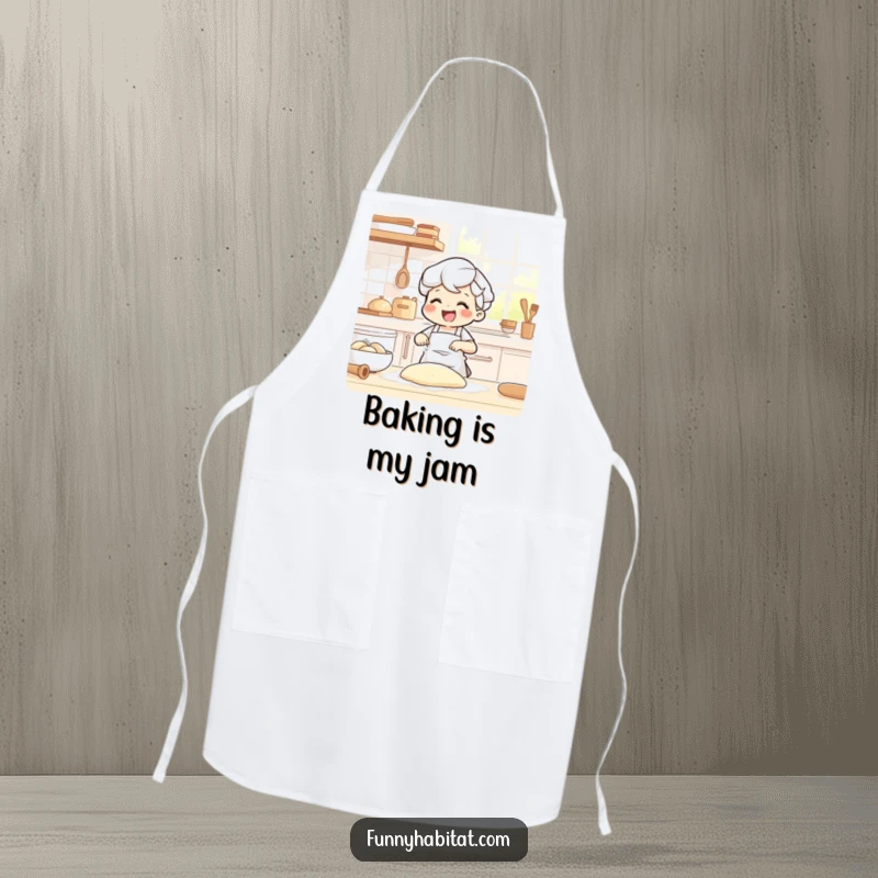 Funny apron featuring a joyful character happily kneading dough in a sunlit kitchen, dusted with flour, for baking.