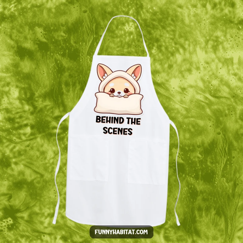 Funny apron showing a curious animal character peeking from behind a cushion, ideal for cooking and baking.
