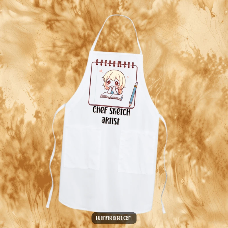 Funny apron showing a character with a thoughtful expression sketching in a notebook, perfect for studio work or classes.