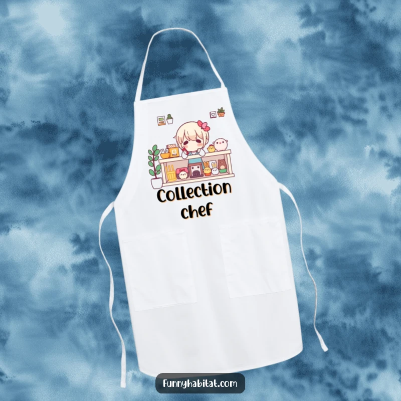 Funny collector's apron showing a character arranging favorite items on a shelf, ideal for organizing tasks.