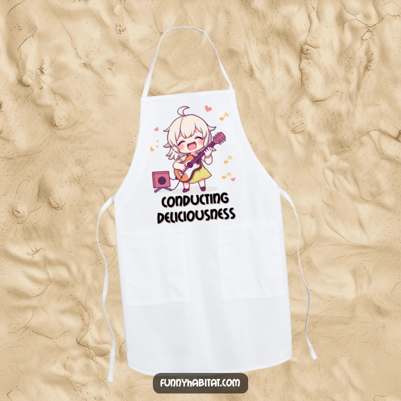 Funny apron showcasing a character joyfully playing a musical instrument, making cooking a fun and humorous activity.