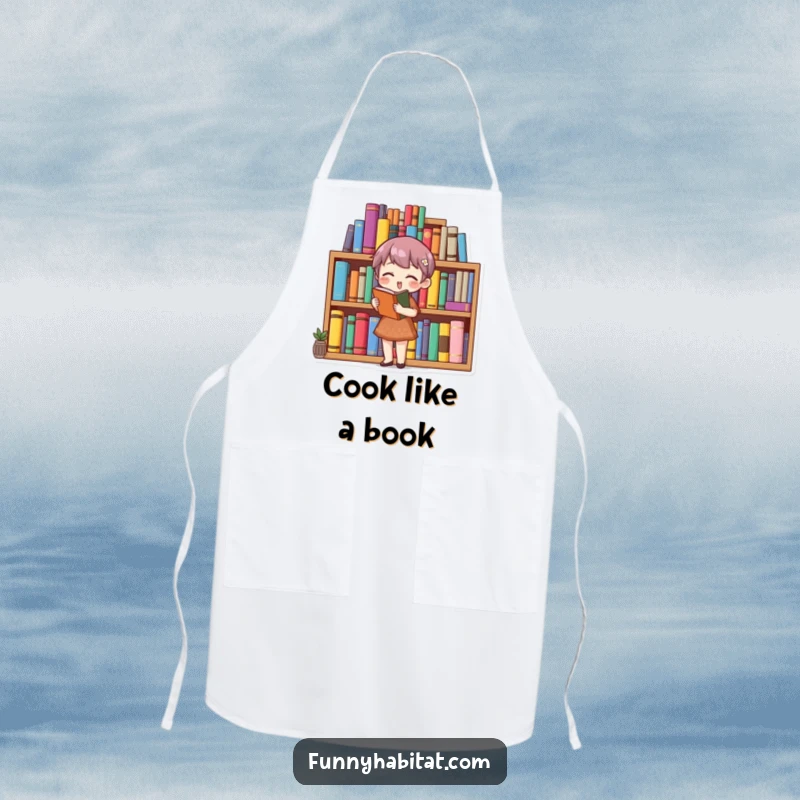 Funny book lover apron with a character organizing a bookshelf, practical for protecting clothes during book-related activities.