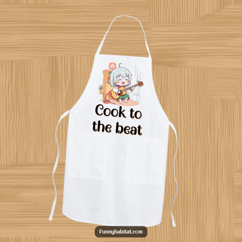 Funny apron showing a character enthusiastically playing a musical instrument in a cozy room, ready for kitchen duties.