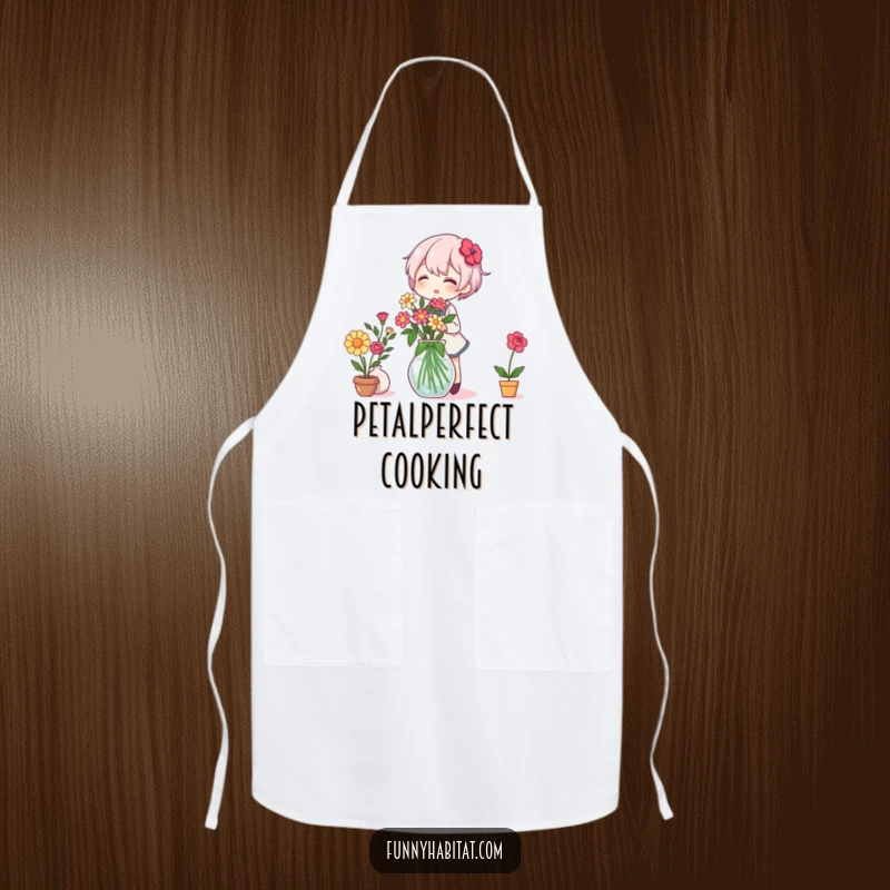 Funny Apron: A character cheerfully arranges a beautiful vase of flowers, adding a touch of humor to gardening or cooking.