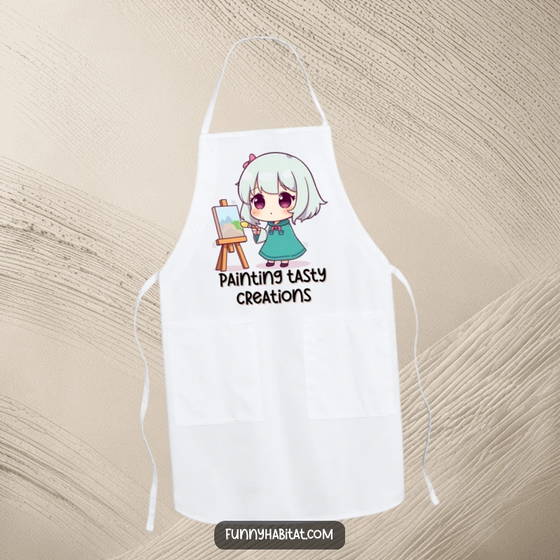 Funny apron featuring a character painting on a canvas, brush in hand, perfect for humorous artistic endeavors.