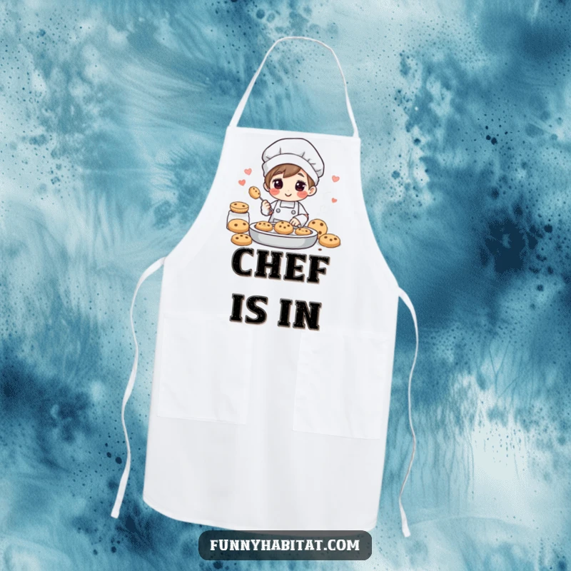 Funny apron with a cheerful character baking cookies, radiating sweet aromas, perfect for keeping clothes clean during baking.