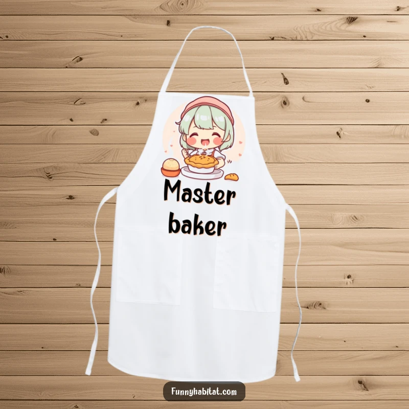 Funny apron with a joyful character happily baking a small, steaming pie, perfect for protecting clothes during baking endeavors.