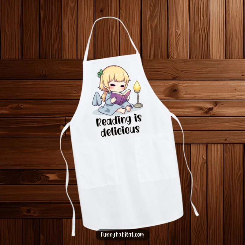 Funny apron with a cute character reading a book, ideal for kitchens and adding a humorous, literary touch to cooking time.