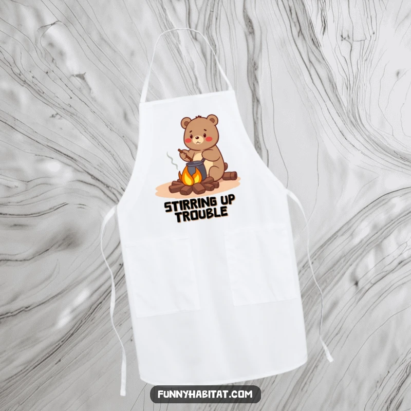 Funny bear character stirring a pot over a small campfire, a humorous and functional apron for outdoor chefs.