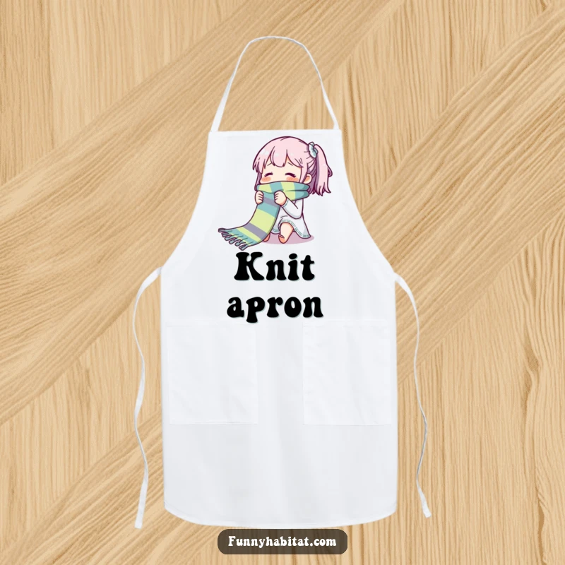 Funny apron showing a character blissfully knitting a long, colorful scarf; a practical and humorous accessory for crafters.