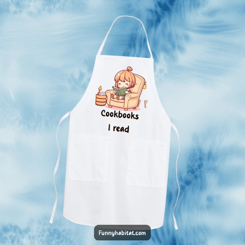 Funny apron showcasing a character reading a book in a cozy armchair, designed for book lovers who also enjoy kitchen activities.