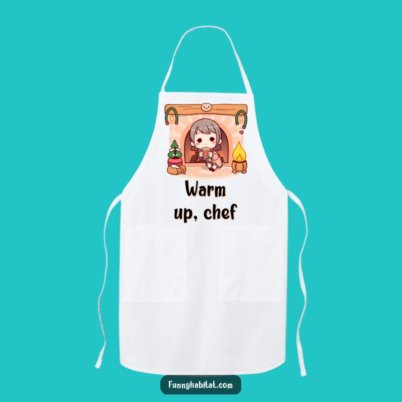 Funny Chef Apron: Fireplace & Warm Drink Design - Hilarious Kitchen Relaxation Gift