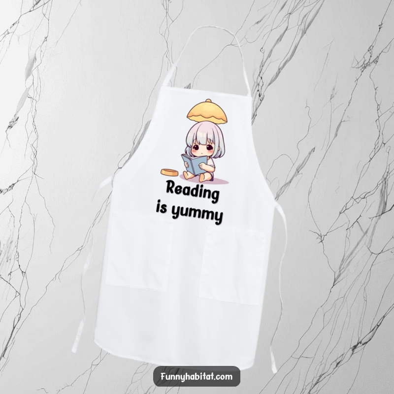 Funny Apron: Character reading a book under a soft lamp, blending kitchen tasks with literary enjoyment.