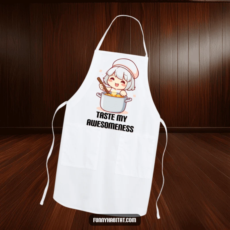 Funny apron featuring a smiling chef stirring a pot, designed for cooks who find joy in their culinary creations.