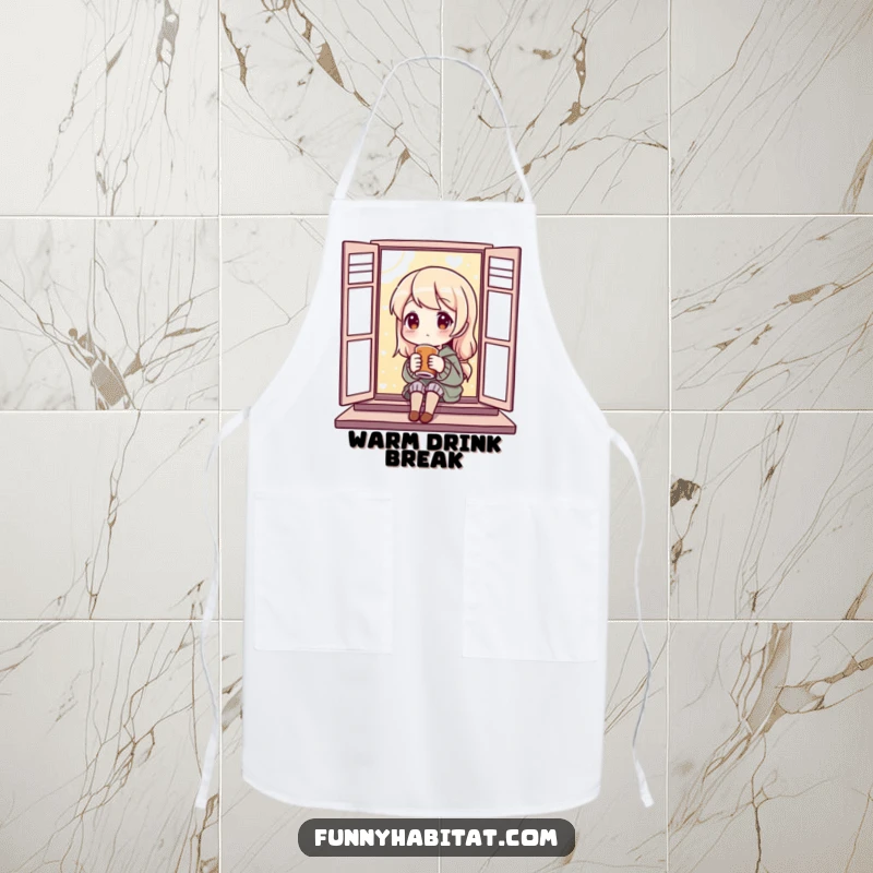 Funny Apron featuring a content character enjoying a warm drink by a window, for those who appreciate calm and cozy humor.