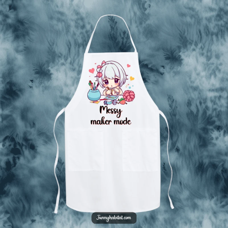 Funny apron featuring a character diligently working on a colorful craft project, designed for those who love to create.