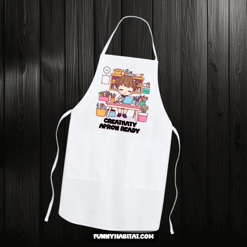 Funny apron showing a character diligently organizing craft supplies, perfect for keeping clean while creating with a humorous twist.