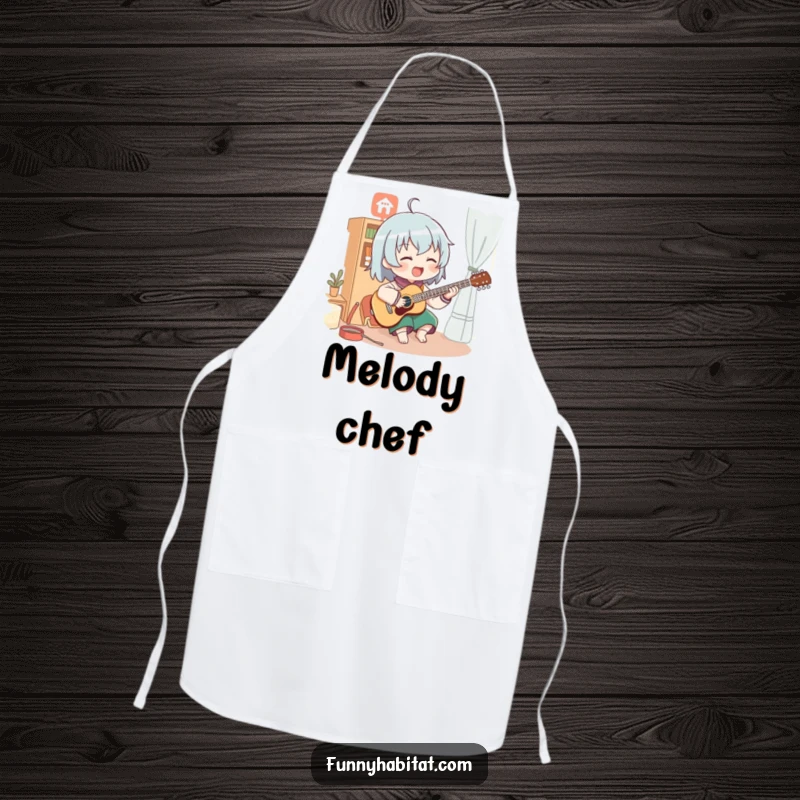 Funny apron showing a character enthusiastically playing a musical instrument in a cozy room; a practical and humorous musician accessory.