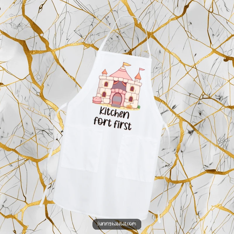 Funny Apron featuring a character constructing a cushion fort, for those who enjoy playful creativity in the kitchen or beyond.