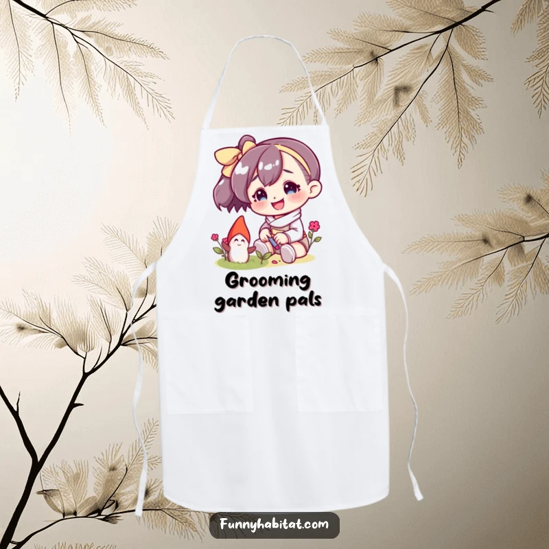 Funny apron showing a character smiling while tending to a tiny garden gnome, ideal for kitchen use and garden parties.