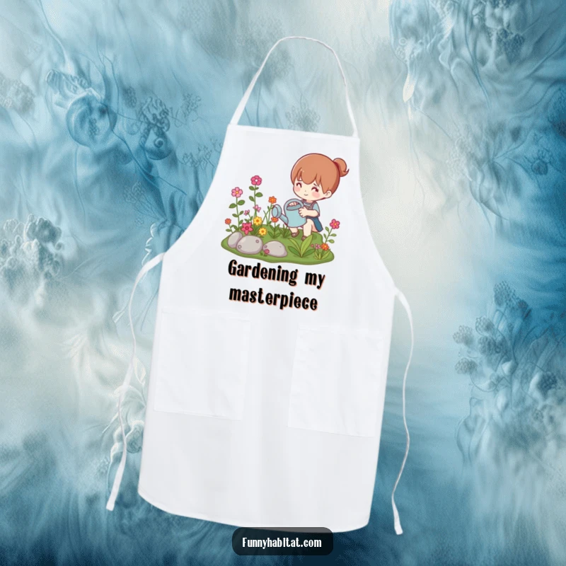 Funny apron featuring a character tending a vibrant miniature garden, perfect for humorous and practical kitchen use.
