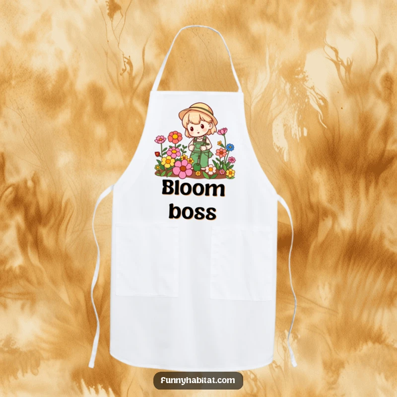 Funny gardening apron showing a happy character watering colorful flowers, perfect for adding humor to garden chores.