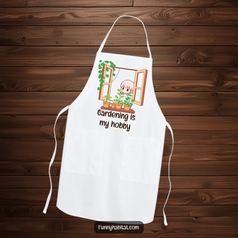 Funny apron featuring a cute character happily watering a small, vibrant potted plant in a window, perfect for gardening.
