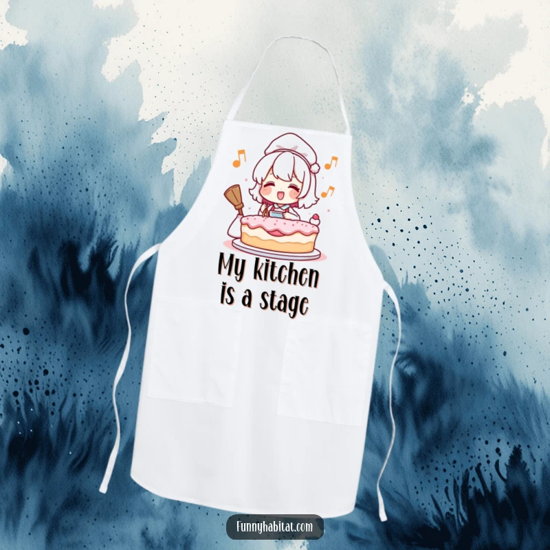 Funny apron showcasing a stylized character humming happily while baking a cake, making cooking a fun and humorous activity.