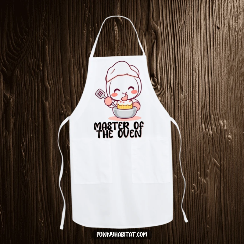 Funny Kawaii Apron, a cute character with oven mitts smiles while baking a small cake, perfect for cooking.