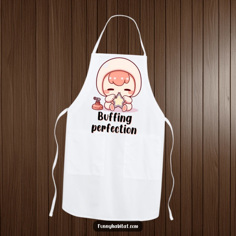 Funny Kawaii Apron, a diligent character carefully polishes a small star, perfect for precise tasks.