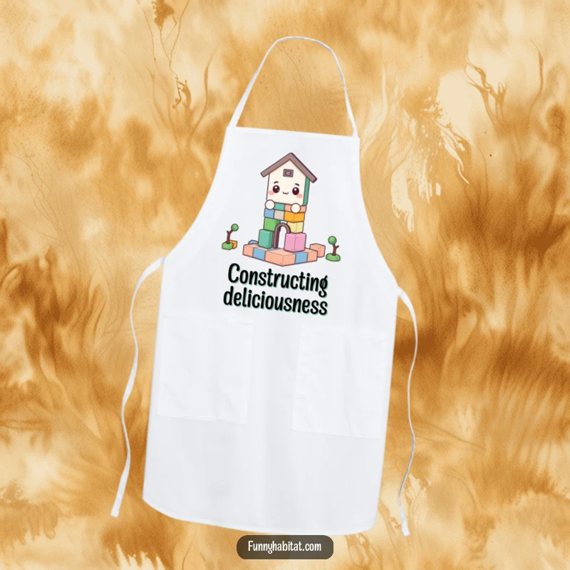 Funny apron with a character actively building with blocks, suitable for kitchen fun and expressing a love for creation.