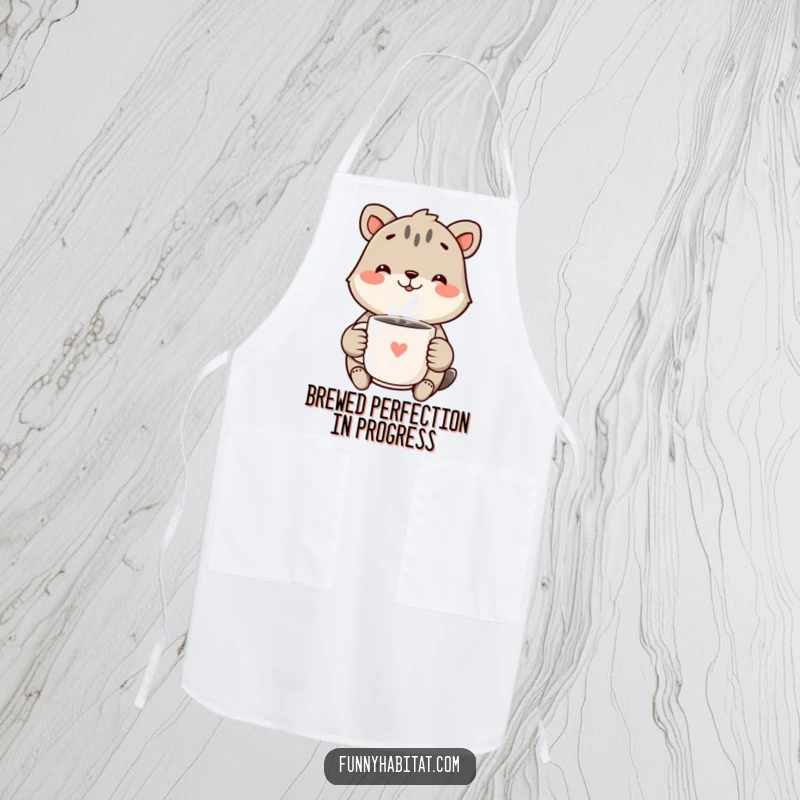 Funny Apron depicting a cheerful animal with a bright smile, holding a steaming mug, adding humor to kitchen tasks.