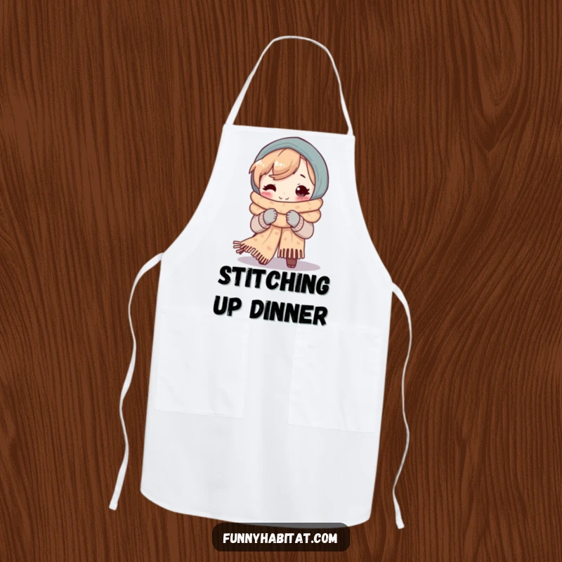 Funny apron with a character smiling and knitting a cozy scarf, keeping the wearer clean during craft sessions.