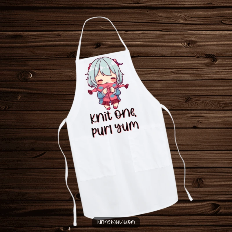 Funny Apron: A character engrossed in knitting a colorful scarf, designed for crafting protection. Great gift.