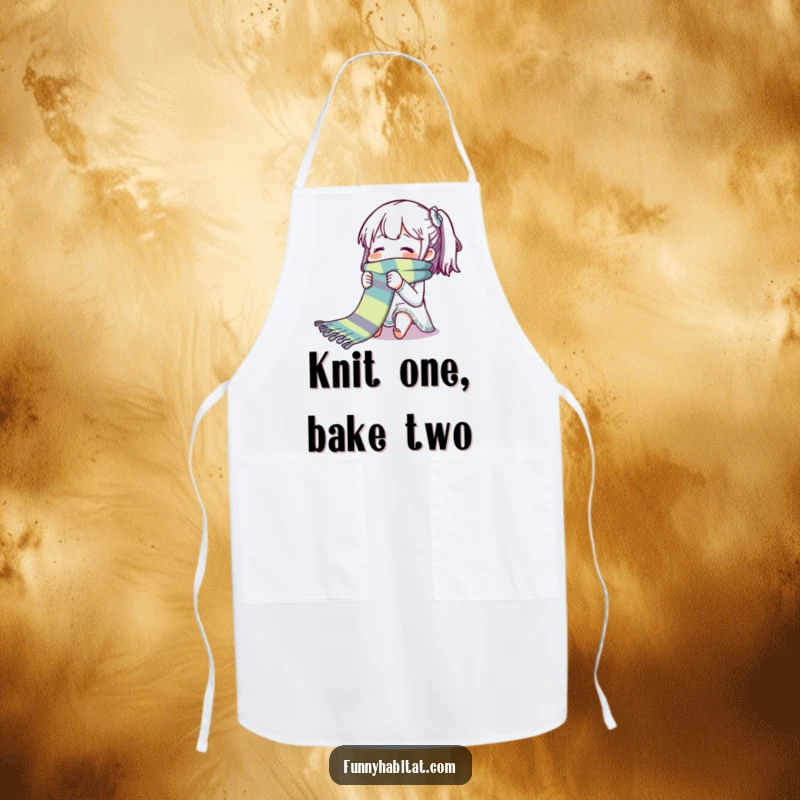 Funny apron showing a character happily knitting a long, colorful scarf, ready for any crafting project.