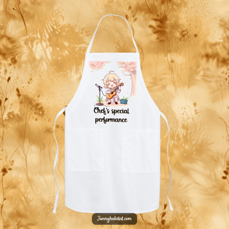 Funny apron depicting a character enjoying playing a saxophone outdoors, a delightful addition for kitchen fun.