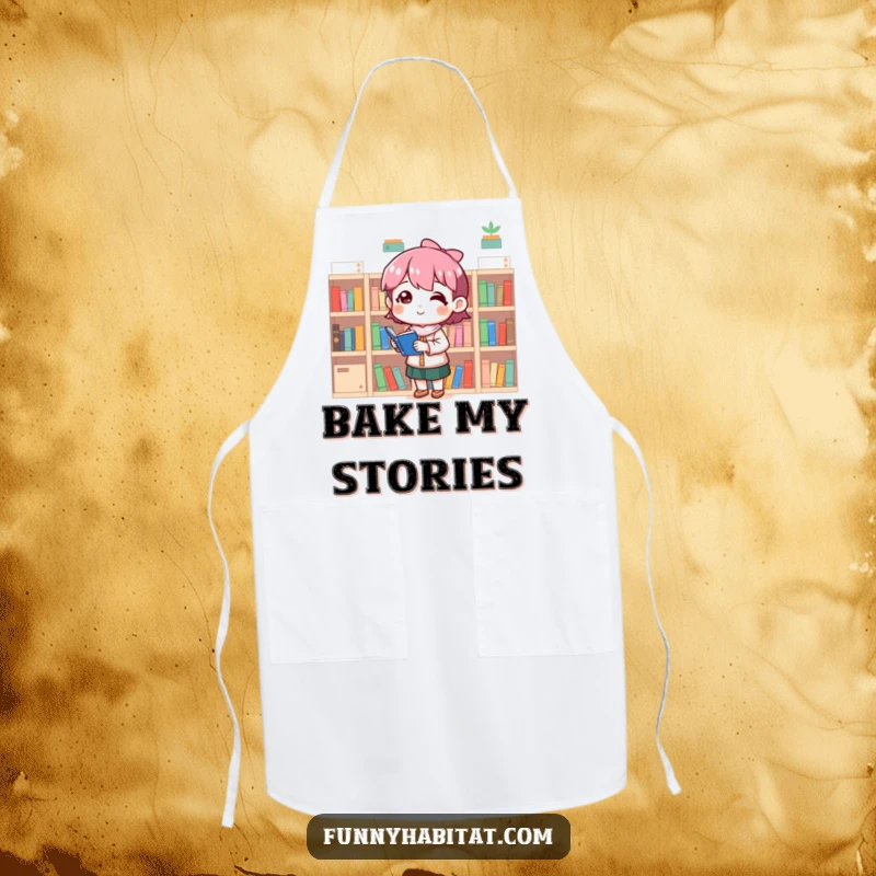 Funny apron showing a character organizing tiny bookshelves with a satisfied smile, ready for any organizational endeavor.