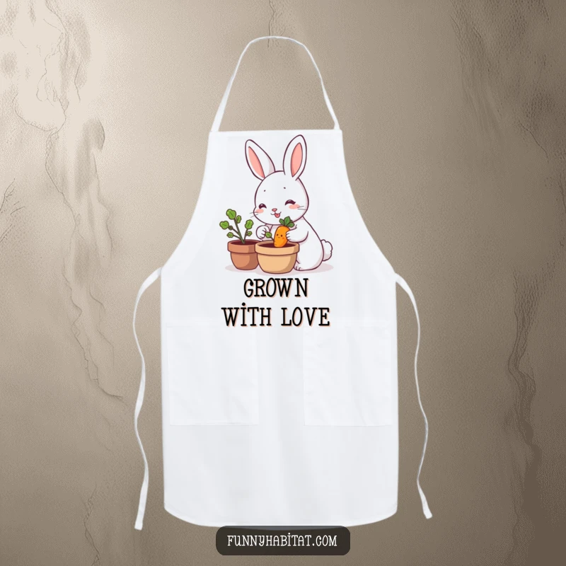 Funny rabbit character tending a miniature happy carrot plant, a humorous and functional kitchen apron for garden lovers.
