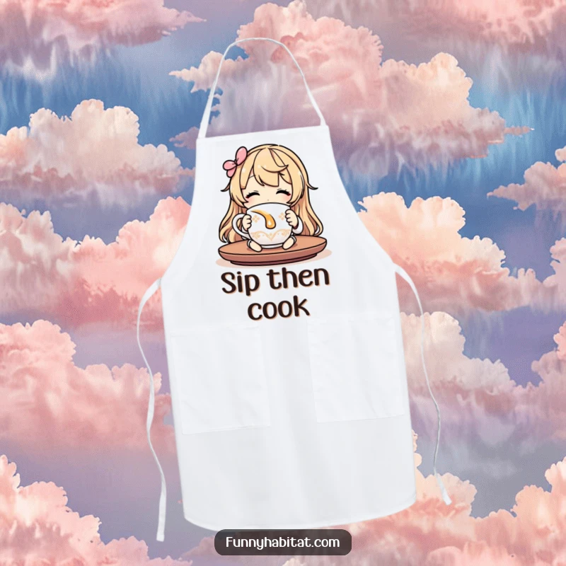 Funny tea lover apron with a character relaxing and sipping tea, ideal for protecting clothes during tea time.