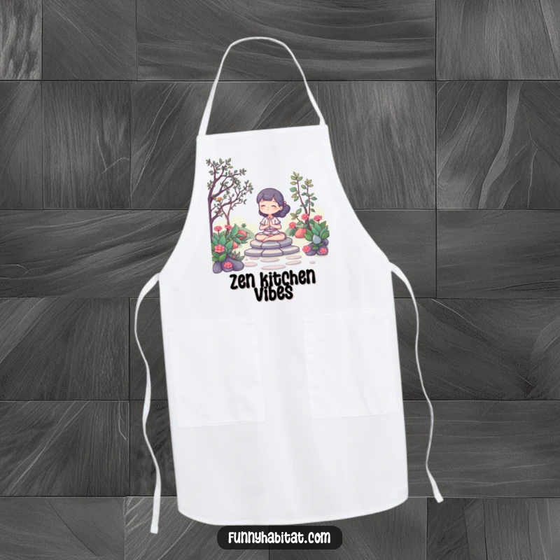 Funny Apron: A character meditating peacefully in a serene garden, for calm cooking sessions. Great gift.