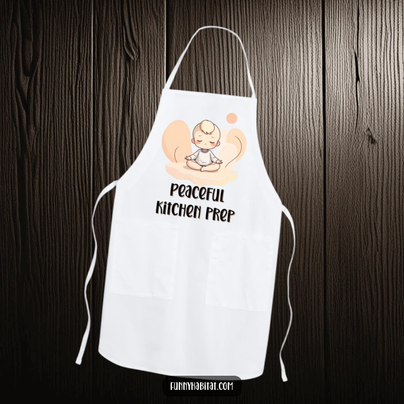 Funny apron showing a character meditating amidst abstract shapes, ideal for calm and humorous cooking sessions.