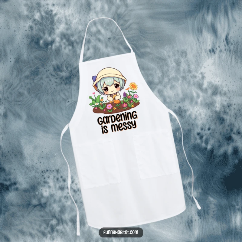 Funny apron with a happy character tending a miniature vibrant garden, perfect for protecting clothes with horticultural humor.