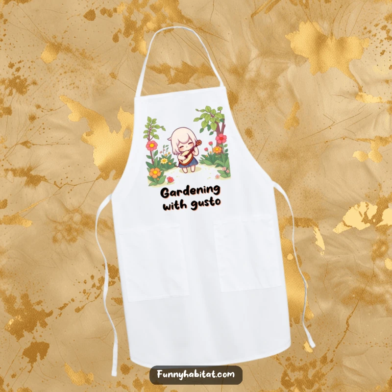Funny apron showing a character playing a whimsical instrument in a garden, perfect for culinary adventures with a humorous twist.
