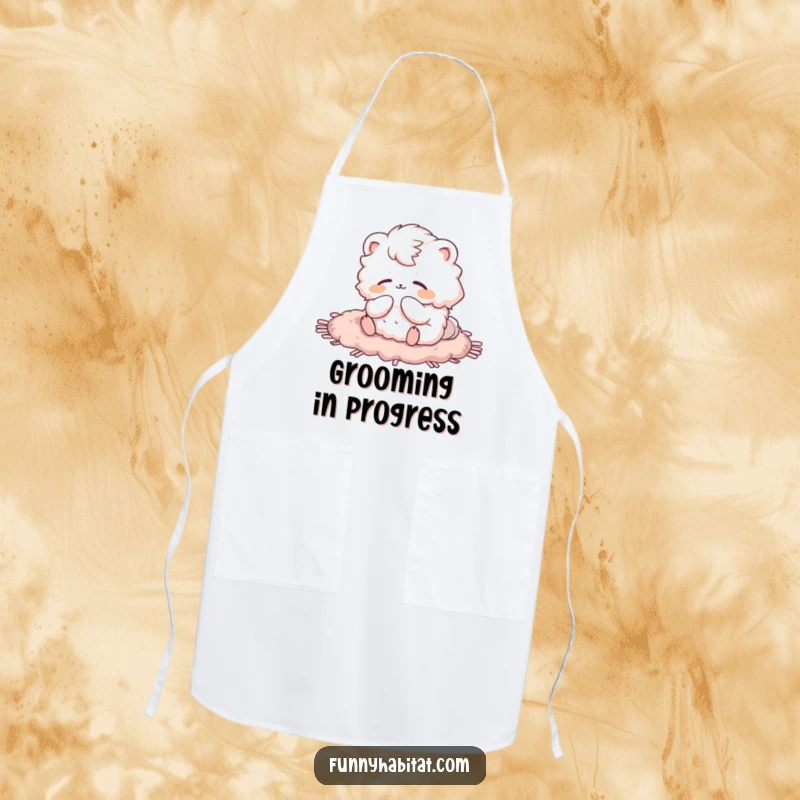 Funny apron showing a fluffy animal character grooming itself on a rug, ideal for culinary adventures.