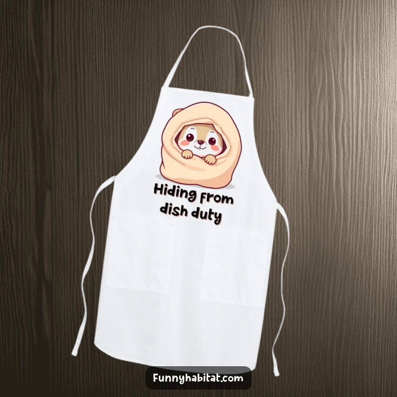 Funny Apron depicting a playful animal character peeking from behind a cozy blanket, adding a humorous touch to kitchen activities.