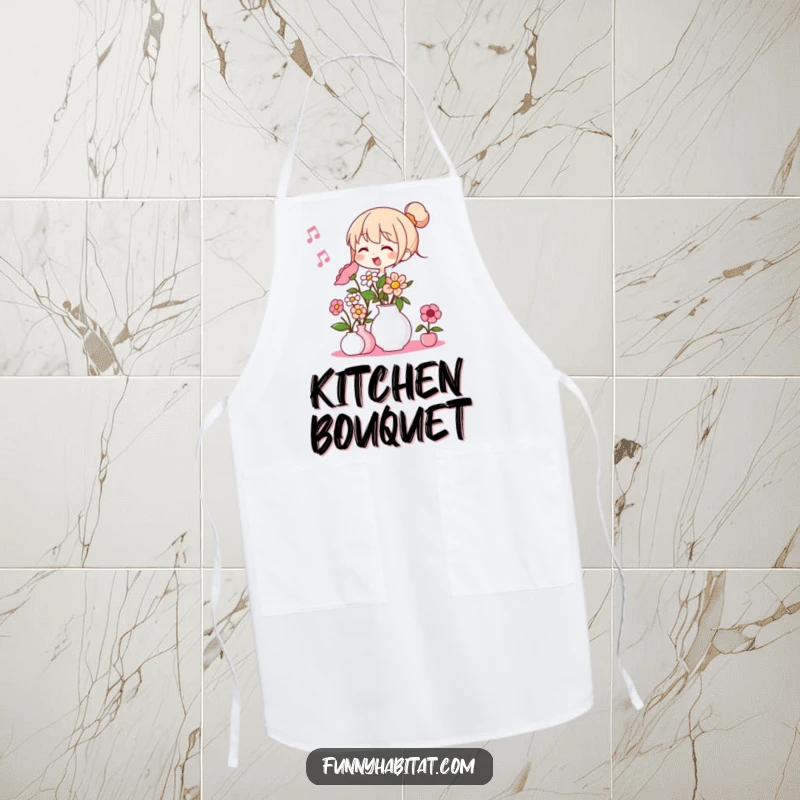 Funny apron showing a character humming and arranging flowers in a vase; a cheerful and practical gardening accessory.