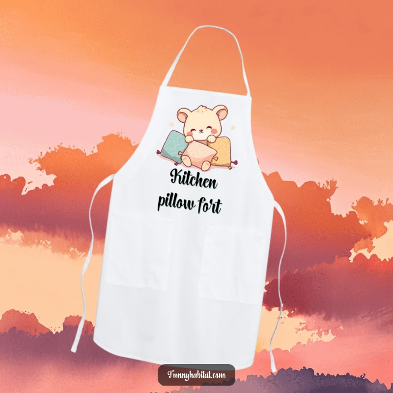 Funny apron showing an animal character playfully rearranging pillows, ideal for crafting and home decor tasks.