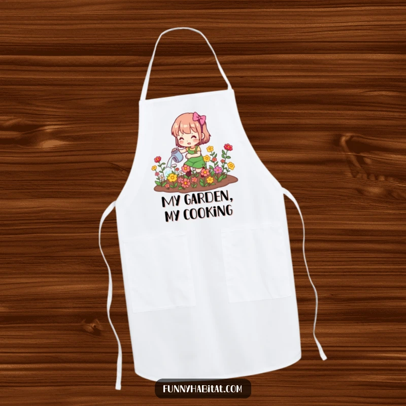 Funny apron showing a character watering blooming flowers, ideal for gardeners who enjoy humor and practicality.